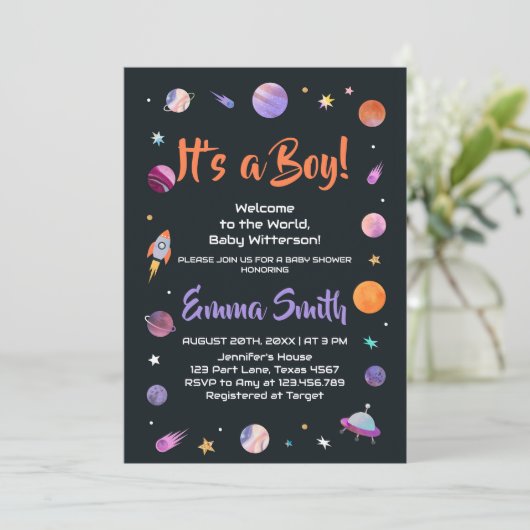 男の子だ!惑星と宇宙のベビーシャワー 招待状 (スタンド正面)
