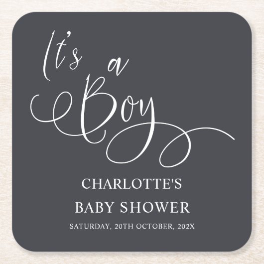 男の子だ！書モダンミニマル式ベビーシャワー スクエアペーパーコースター (正面)