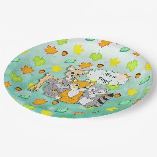 男の子だ!赤ちゃんシャワーフォレスト動物(テクスチャ) ペーパープレート (アングル)