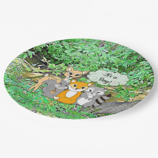 男の子だ!赤ちゃんシャワー森林動物のテーマ ペーパープレート (アングル)