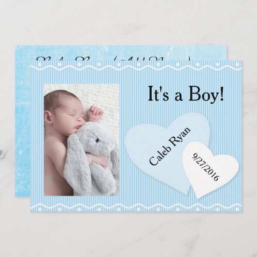 男の子だ!青いハートの誕生発表 案内状 (正面/裏面)