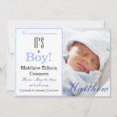 男の子だ！青いベビー誕生のお知らせ 招待状 (正面)