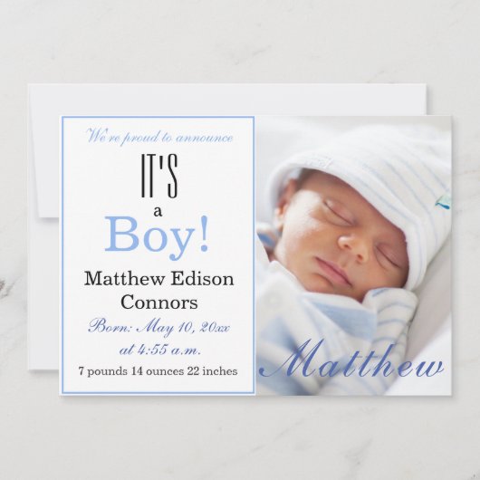 男の子だ！青いベビー誕生のお知らせ 招待状 (正面)