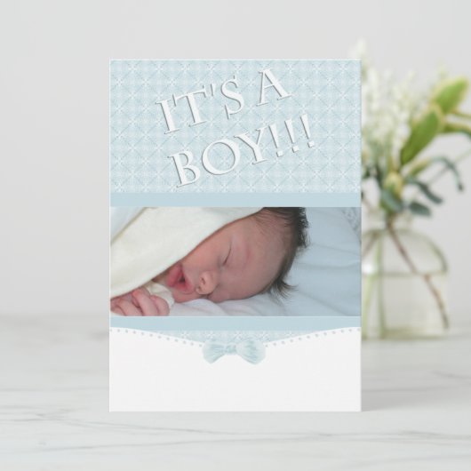 男の子だ!青い写真の誕生のお知らせ 案内状 (スタンド正面)