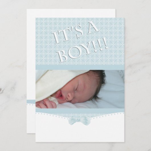 男の子だ！青い写真の誕生のお知らせ 案内状 (正面/裏面)