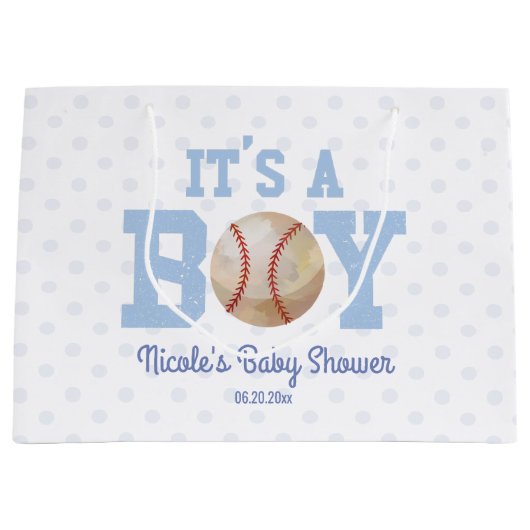 男の子だ！青い野球のベビーシャワー ラージペーパーバッグ (正面)