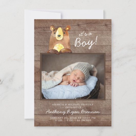 男の子だ！Bear BoysBaby写真誕生のお知らせ 案内状 (正面)