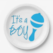男の子です!性別発表 ベビーシャワー 青 ペーパープレート (正面)