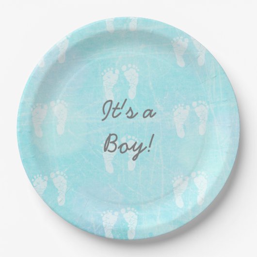 男の子でベビーの足跡ブルーベビーシャワー ペーパープレート (正面)