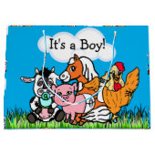 男の子で赤ちゃんシャワーの動物をテーマにした ラージペーパーバッグ (正面)