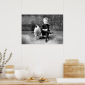 男の子とチキン、白黒、おもしろいヴィンテージ ポスター (キッチン)