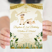 男の子とベビーホワイトと金ゴールド2nd誕生日とバプテスマ 招待状