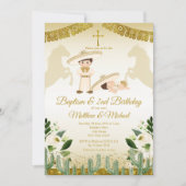 男の子とベビーホワイトと金ゴールド2nd誕生日とバプテスマ 招待状 (正面)