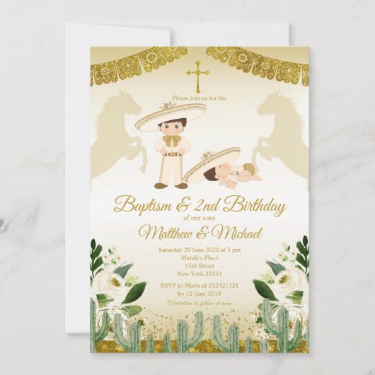 男の子とベビーホワイトと金ゴールド2nd誕生日とバプテスマ 招待状 (正面)