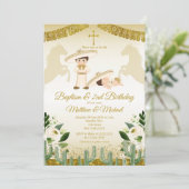 男の子とベビーホワイトと金ゴールド2nd誕生日とバプテスマ 招待状 (スタンド正面)