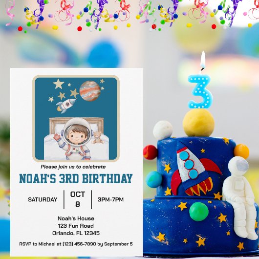 男の子と外のスペース、かわいいシンプル水彩誕生日 招待状