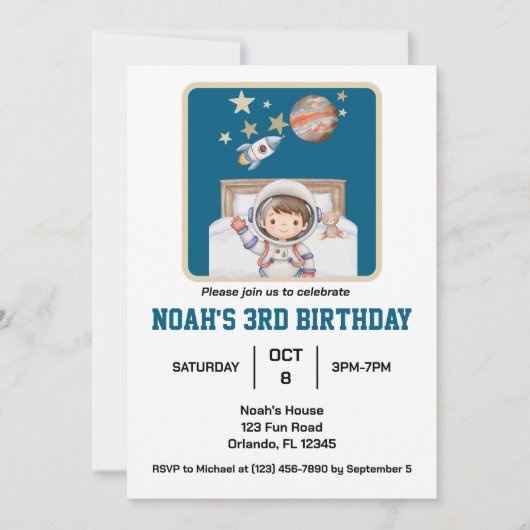 男の子と外のスペース、かわいいシンプル水彩誕生日 招待状 (正面)