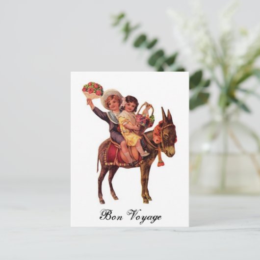 男の子と女の子がロバに乗ってボン・ボヤージュ ポストカード (スタンド正面)