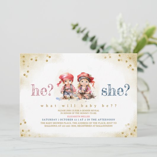 男の子と女の子が赤ん坊シャワーを明かす海賊 招待状 (スタンド正面)