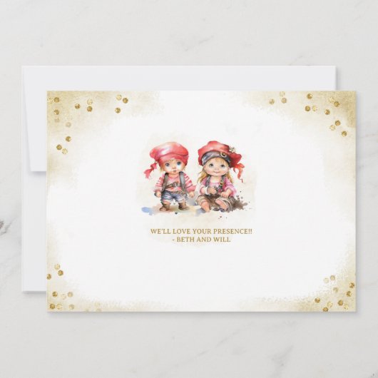 男の子と女の子が赤ん坊シャワーを明かす海賊 招待状 (裏面)