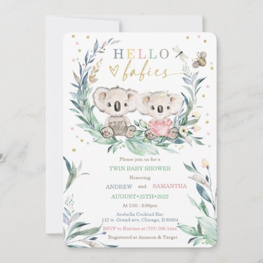 男の子と女の子のためのテディコアラ赤ちゃんシャワーテンプレート 招待状 (正面)