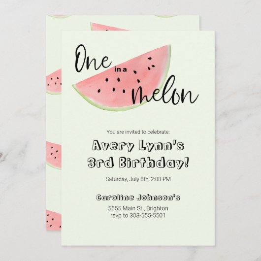 男の子と女の子のためのメロン誕生日のカードの1つ 招待状 (正面/裏面)