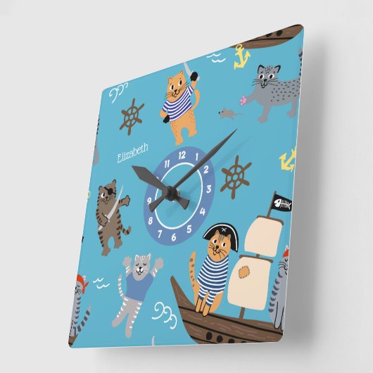男の子と女の子のための海賊猫パターン スクエア壁時計 (傾斜)