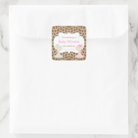 男の子と女の子のキリン ピンクとブルーのシャワー ブックプレート スクエアシール (バッグ)