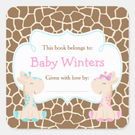 男の子と女の子のキリン ピンクとブルーのシャワー ブックプレート スクエアシール