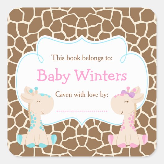 男の子と女の子のキリン ピンクとブルーのシャワー ブックプレート スクエアシール (正面)