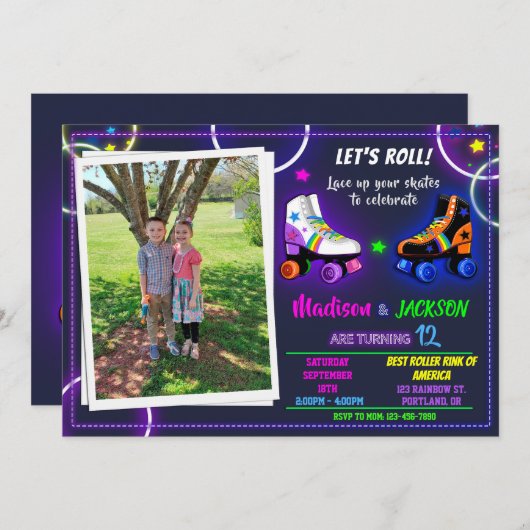 男の子と女の子の写真のためのローラー誕生日の招待 招待状 (正面/裏面)