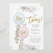 男の子と女の子の双子のベビーシャワーの招待状 招待状 (正面/裏面)