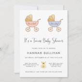 男の子と女の子の双子車の水彩シャワー 招待状 (正面)