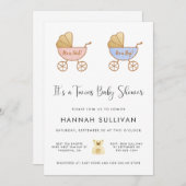 男の子と女の子の双子車の水彩シャワー 招待状 (正面/裏面)