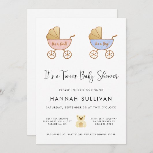 男の子と女の子の双子車の水彩シャワー 招待状 (正面/裏面)