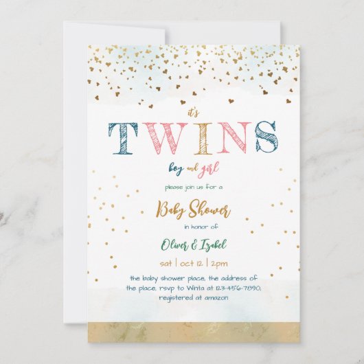 男の子と女の子の双子金ゴールドシンプルグリッター赤ちゃんシャワー 招待状 (正面)