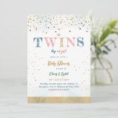 男の子と女の子の双子金ゴールドシンプルグリッター赤ちゃんシャワー 招待状 (スタンド正面)