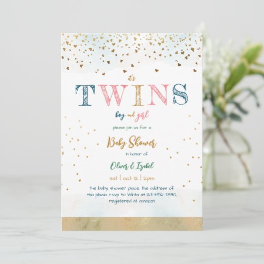 男の子と女の子の双子金ゴールドシンプルグリッター赤ちゃんシャワー 招待状 (スタンド正面)