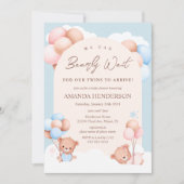 男の子と女の子の双子 テディベア 赤ちゃんのお披露目パーティー 招待状 (正面)