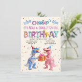 男の子と女の子の恐竜の誕生日パーティー 招待状 (スタンド正面)