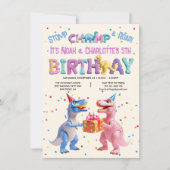 男の子と女の子の恐竜の誕生日パーティー 招待状 (正面)