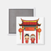 男の子と女の子の新年中国のの漫画 マグネット (正面/裏面)