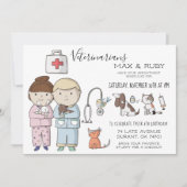 男の子と女の子の獣医学をテーマにした子供のパーティー 招待状 (正面)