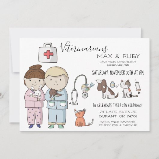 男の子と女の子の獣医学をテーマにした子供のパーティー 招待状 (正面)
