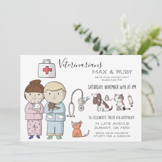 男の子と女の子の獣医学をテーマにした子供のパーティー 招待状 (スタンド正面)