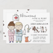 男の子と女の子の獣医学をテーマにした子供のパーティー 招待状 (正面/裏面)