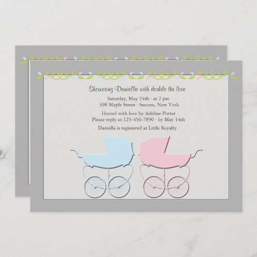 男の子と女の子ツインズグレーベビーシャワー招待状 招待状 (正面/裏面)