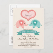 男の子と女の子ツインピンク&ティール(緑がかった色)ゾウ赤ちゃんシャワー インビテーションポストカード (正面/裏面)