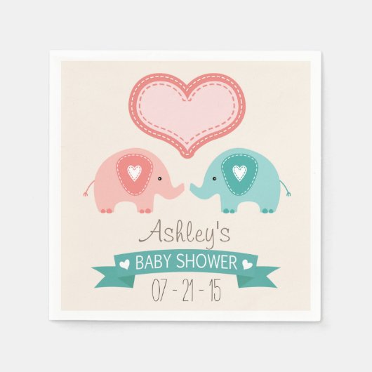 男の子と女の子ツインピンク&ティール(緑がかった色)ゾウ赤ちゃんシャワー スタンダードカクテルナプキン (正面)