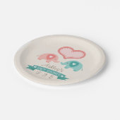 男の子と女の子ツインピンク&ティール（緑がかった色）ゾウ赤ちゃんシャワー ペーパープレート (アングル)